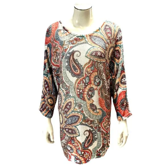Chicos Size 2 Large Multicolor Tunic Paisley Knit Tunic Boho City Resort Style - Picture 2 of 13